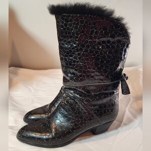 Piampiani Black Leather Textured Fur Lined Heeled Boots Made In Italy Size 8(38)